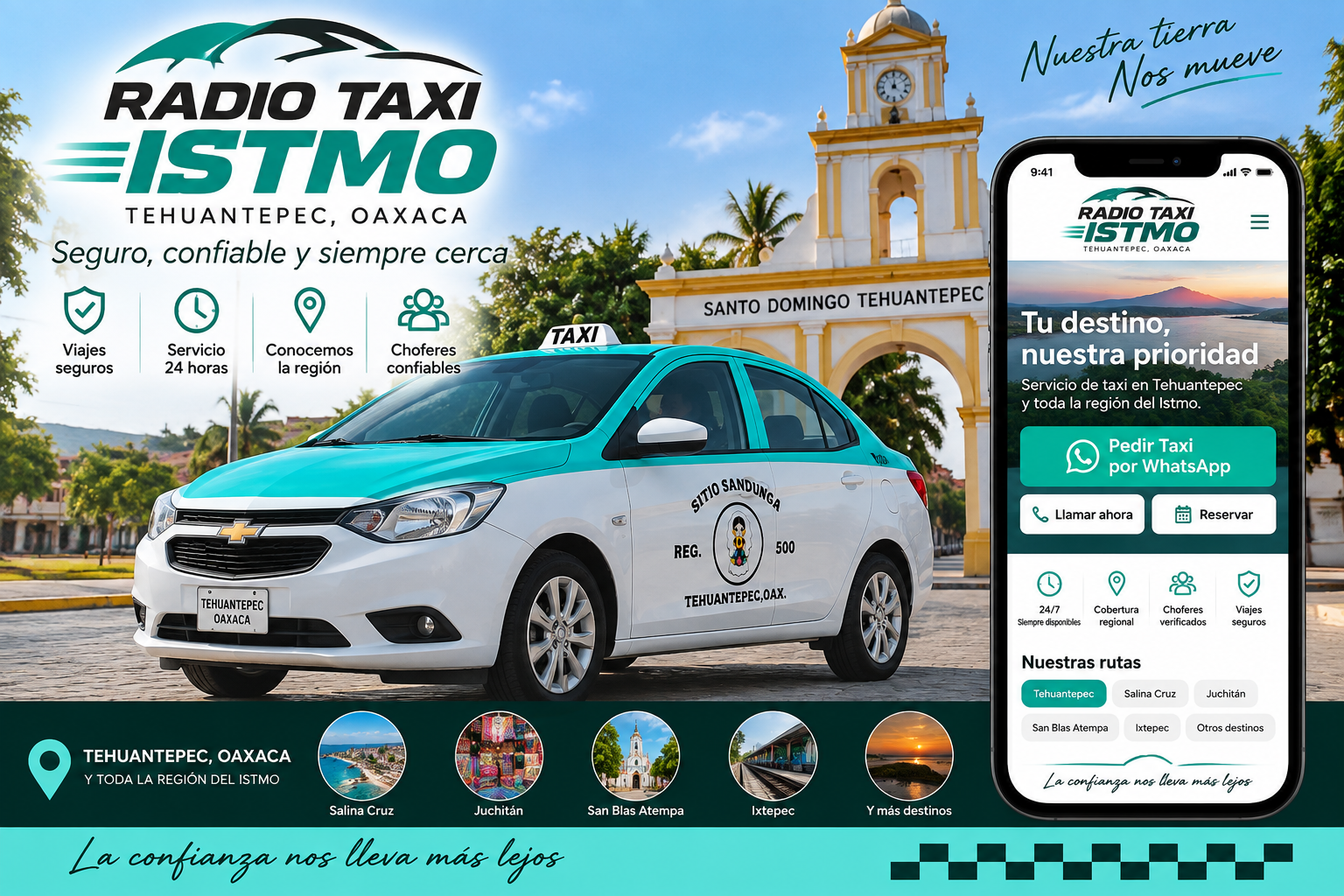 Imagen de Radio Taxi Istmo con taxi blanco y verde aqua en Tehuantepec, Oaxaca